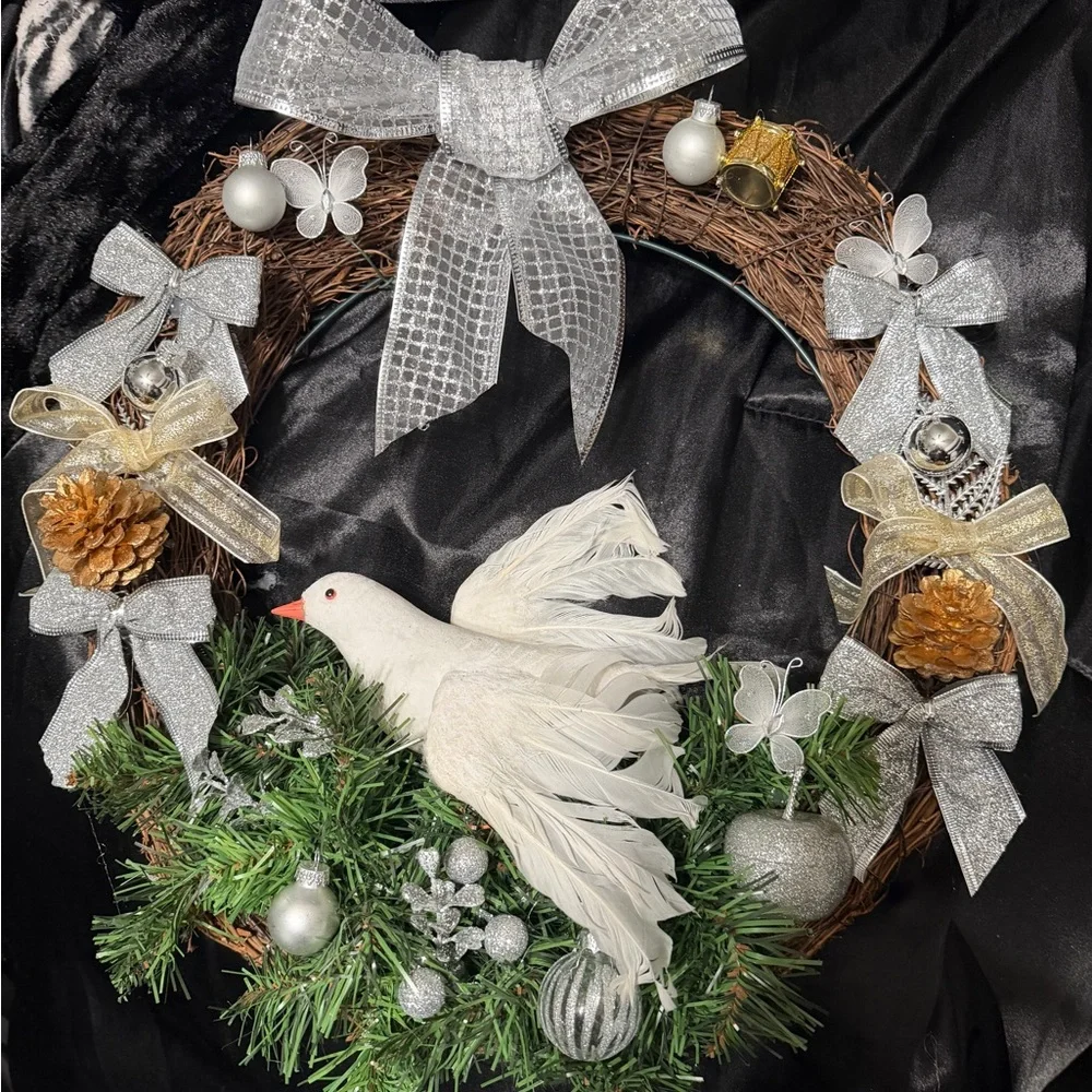 Festive Wreath with White Dove and Silver Accents